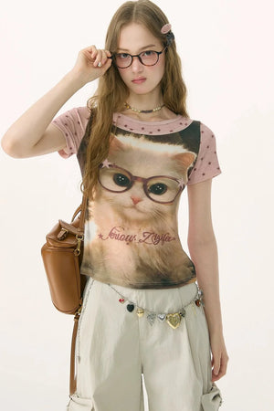 Pink Vintage Washed Cat T-Shirt