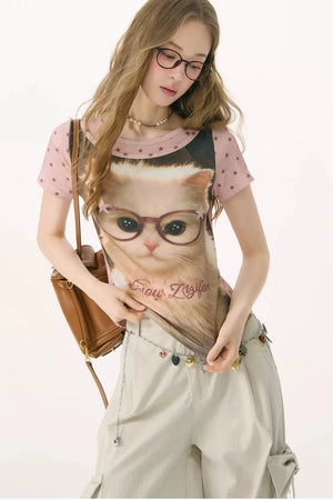 Pink Vintage Washed Cat T-Shirt