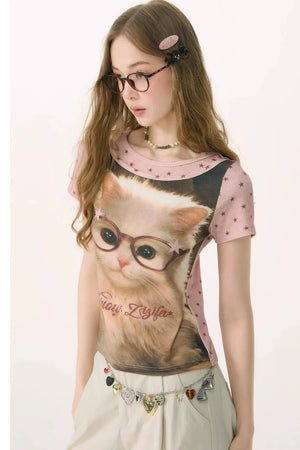 Pink Vintage Washed Cat T-Shirt