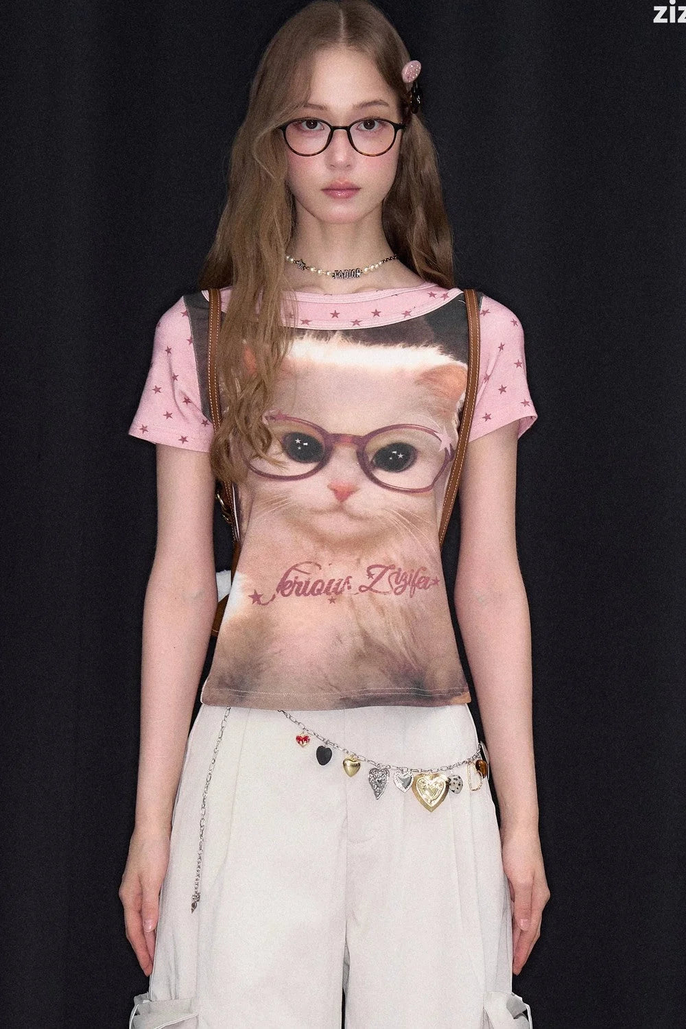 Pink Vintage Washed Cat T-Shirt