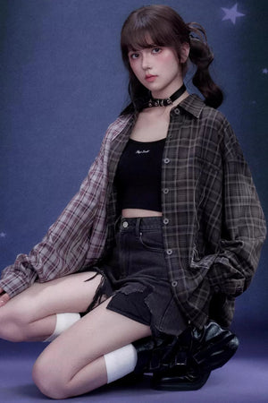 Plaid Asymmetric Patchwork Shirt
