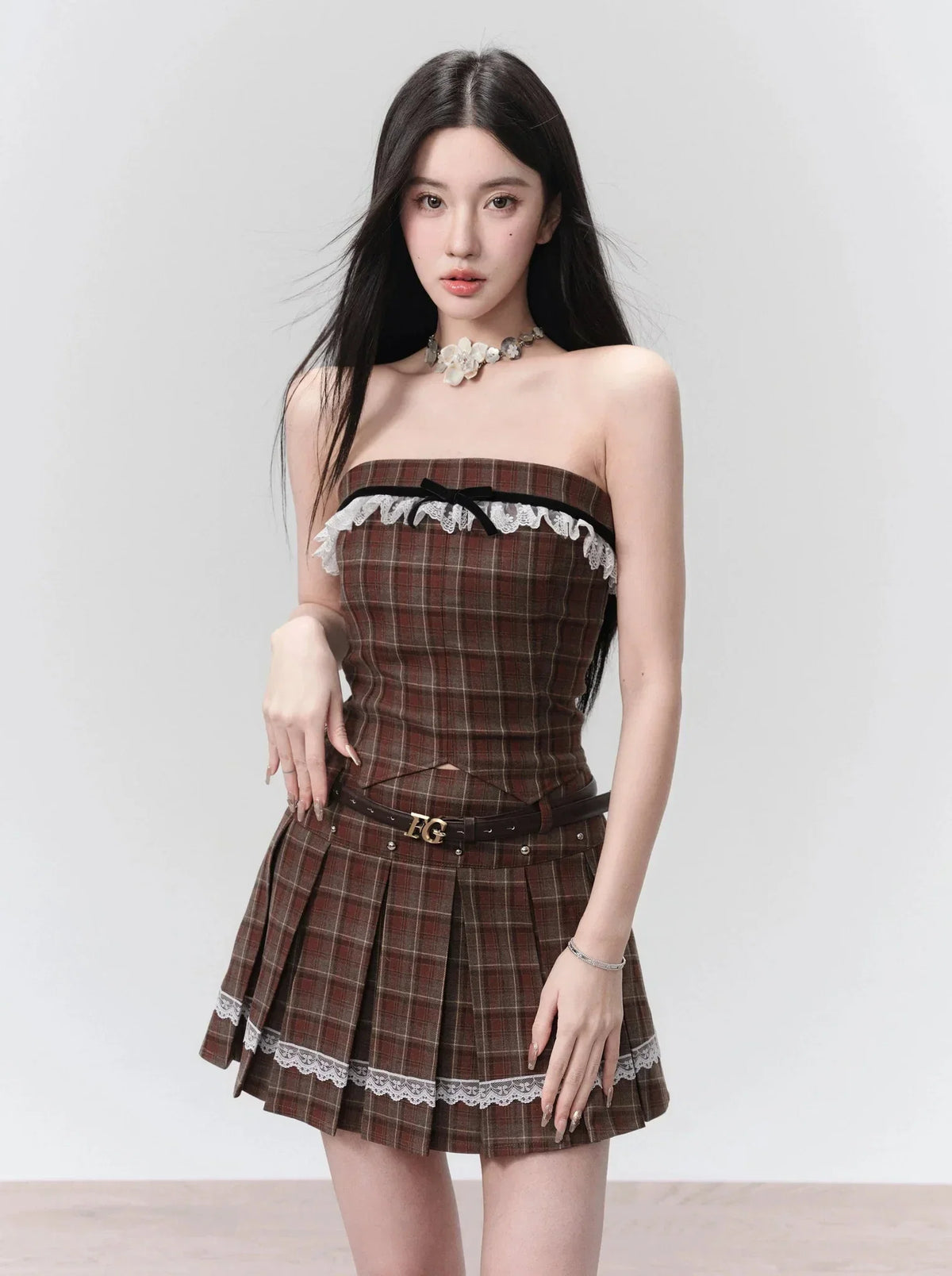 Plaid Bandeau College Waist Set