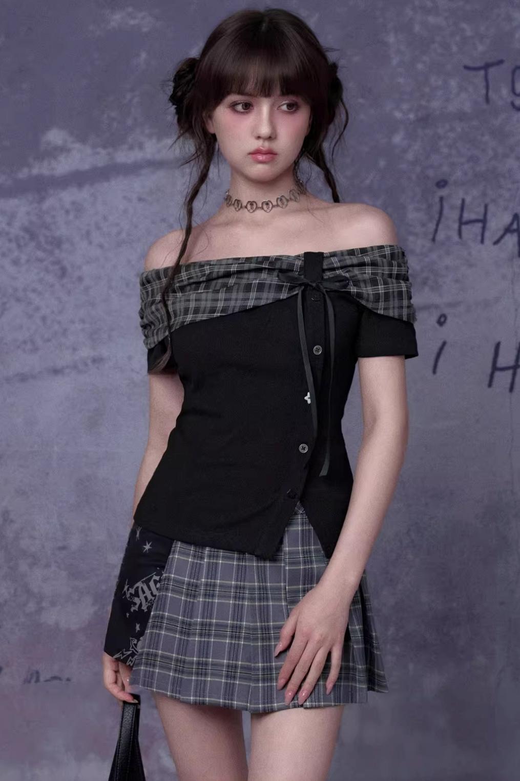 Plaid Bow-Knot One-Shoulder Top Set-Up