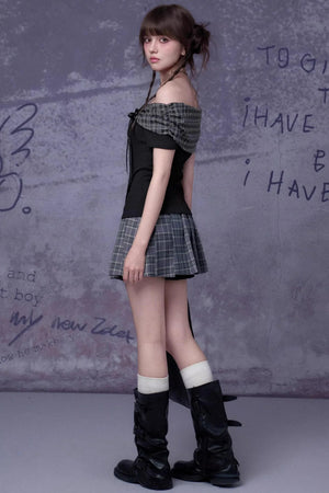 Plaid Bow-Knot One-Shoulder Top Set-Up