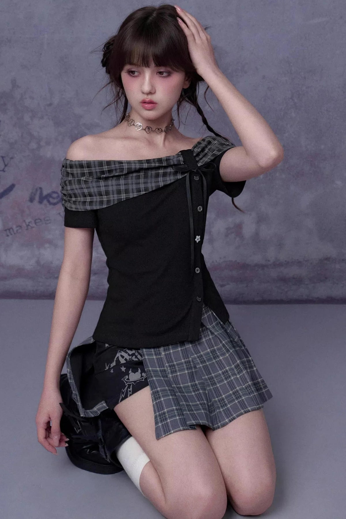 Plaid Bow-Knot One-Shoulder Top Set-Up