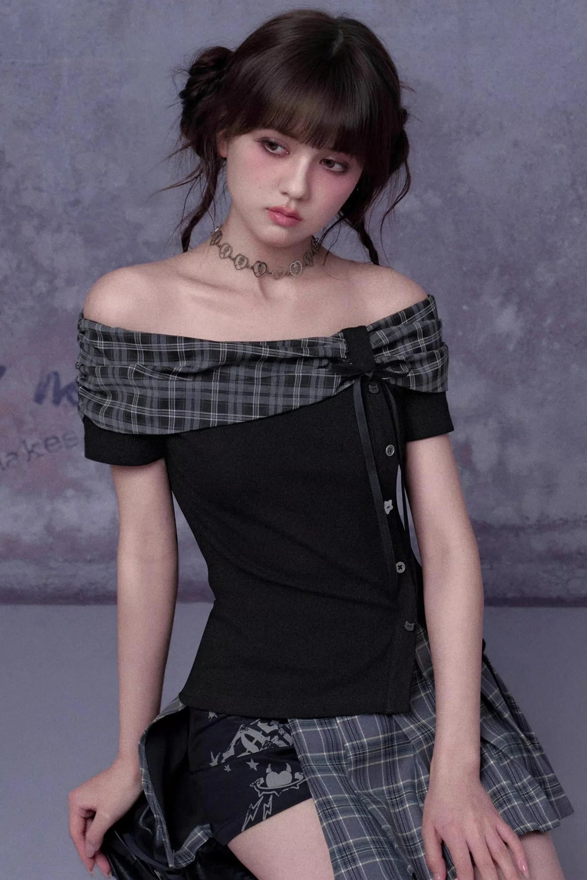 Plaid Bow-Knot One-Shoulder Top Set-Up