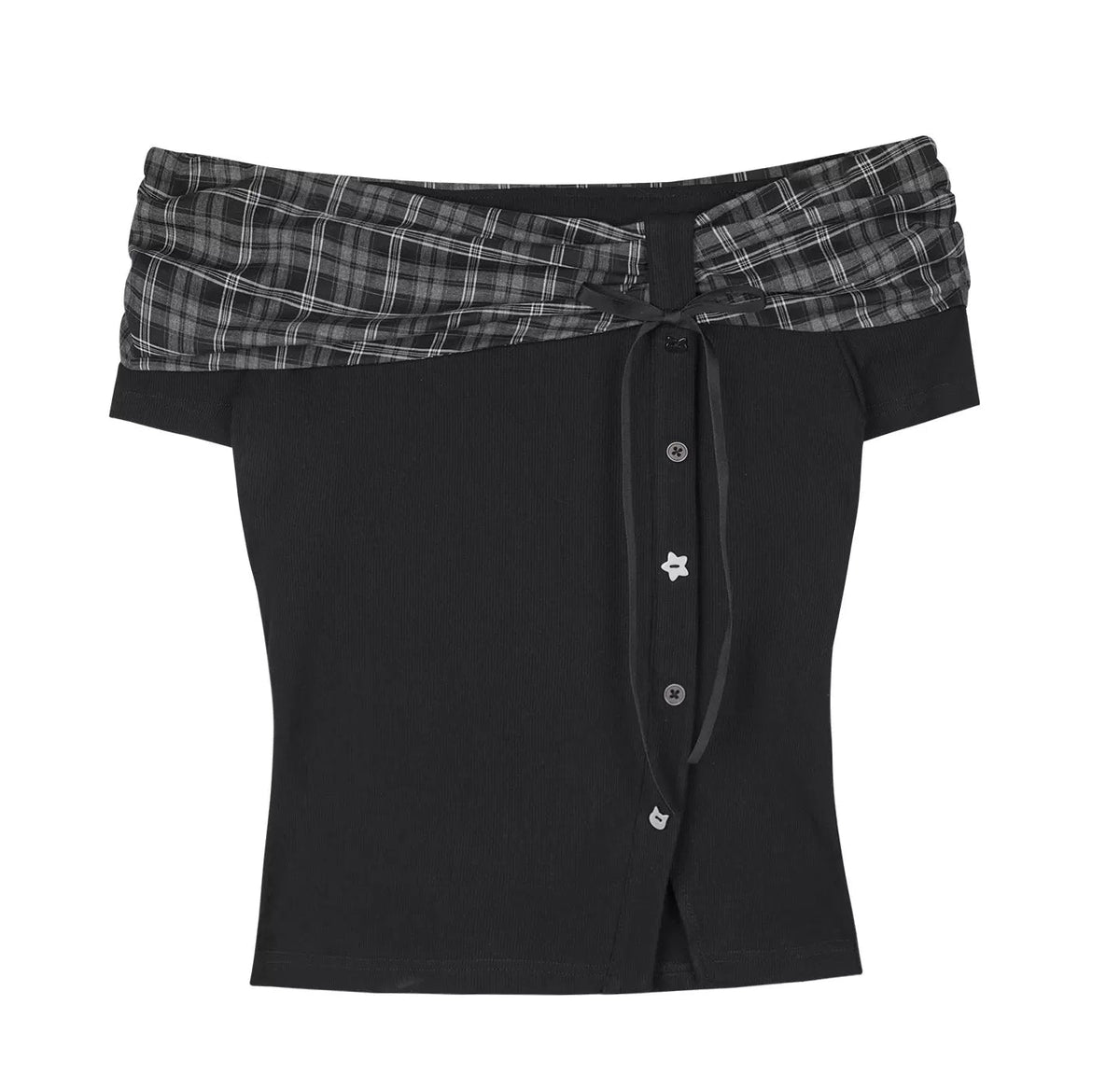 Plaid Bow-Knot One-Shoulder Top Set-Up