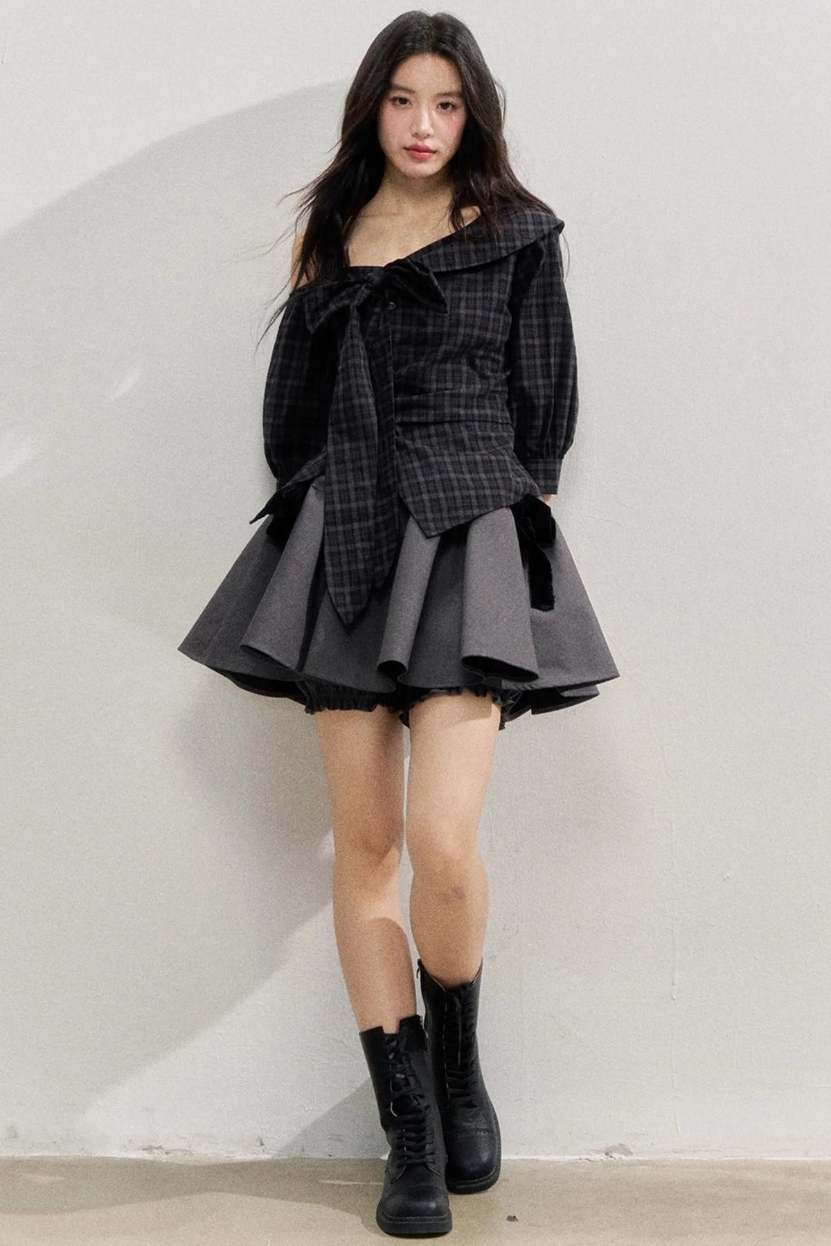 Plaid Bow One-Shoulder Waist Shirt