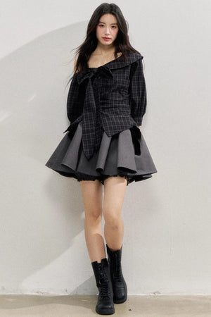 Plaid Bow One-Shoulder Waist Shirt
