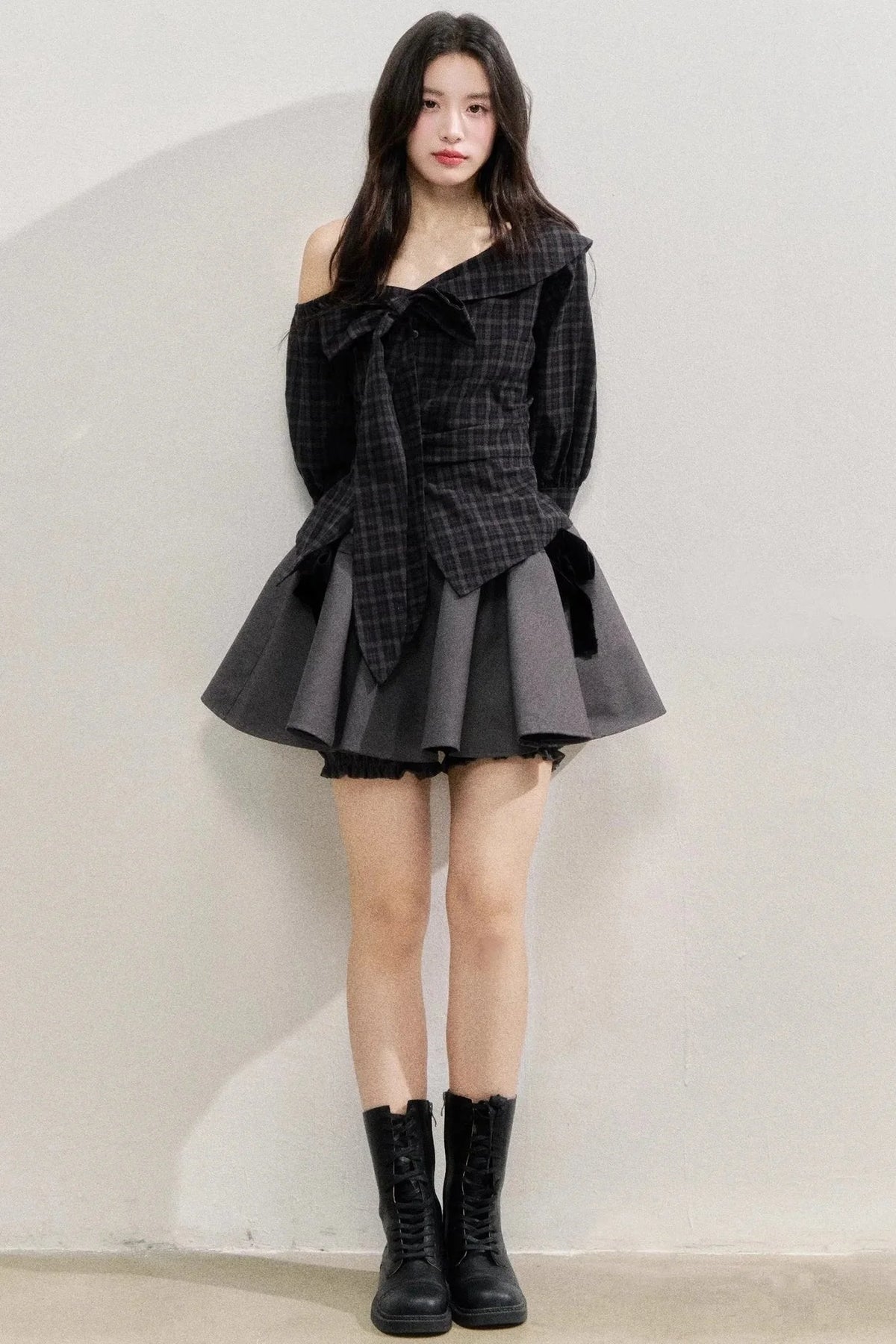 Plaid Bow One-Shoulder Waist Shirt