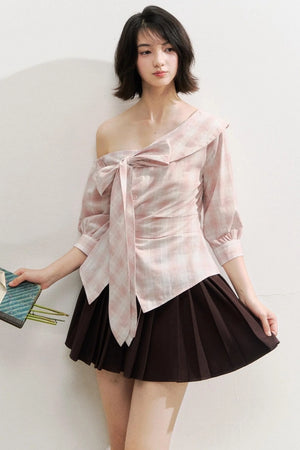 Plaid Bow One-Shoulder Waist Shirt