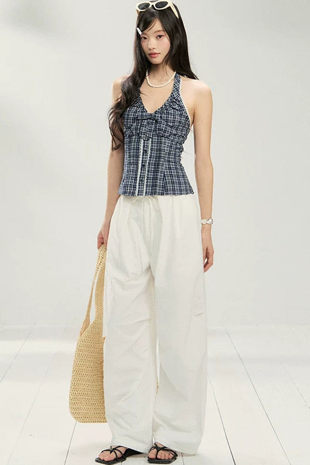 Plaid Bow-Tie Halter Vest