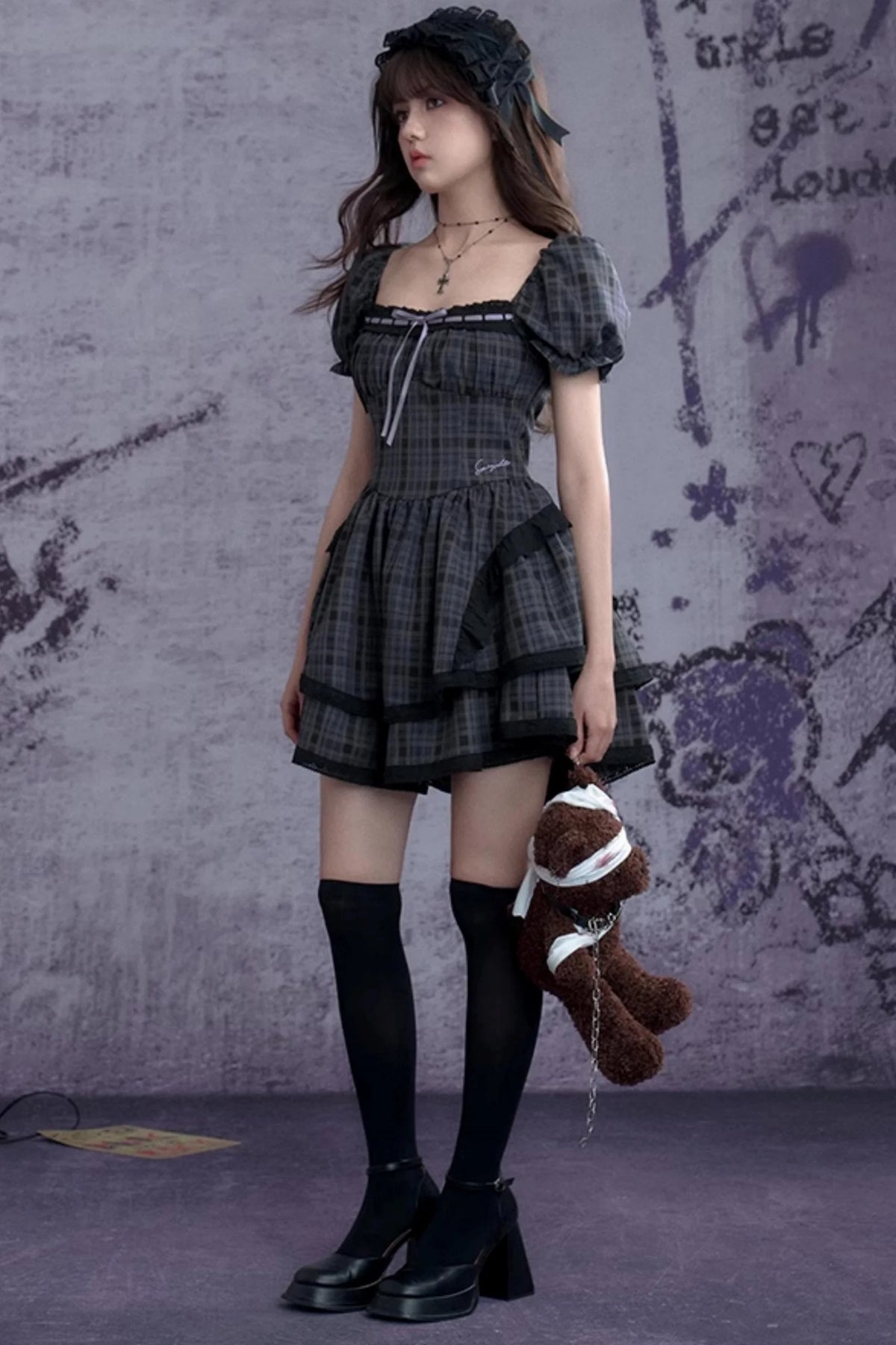 Plaid Bubble Sleeve Cake Dress