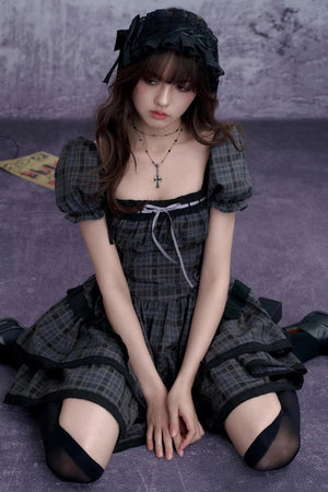 Plaid Bubble Sleeve Cake Dress