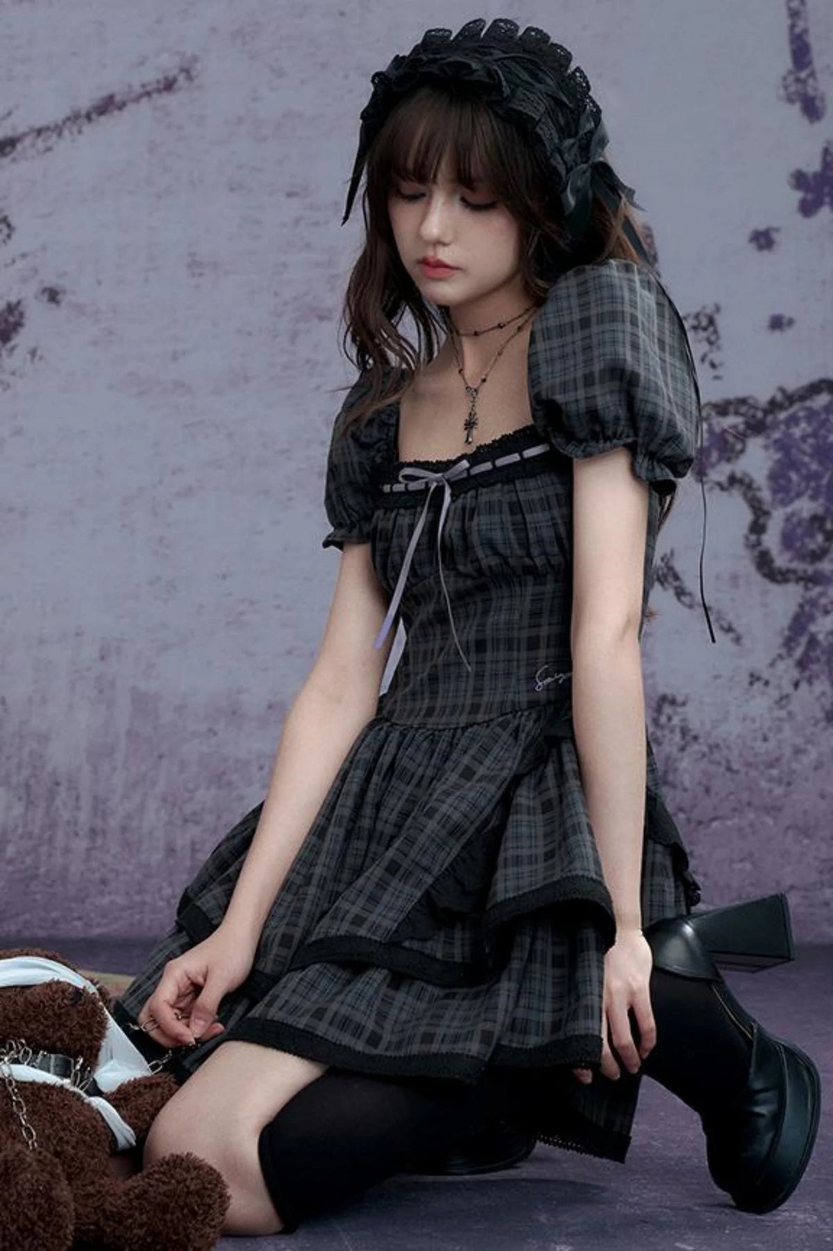 Plaid Bubble Sleeve Cake Dress
