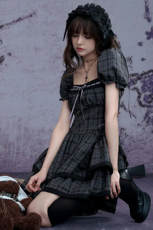 Plaid Bubble Sleeve Cake Dress