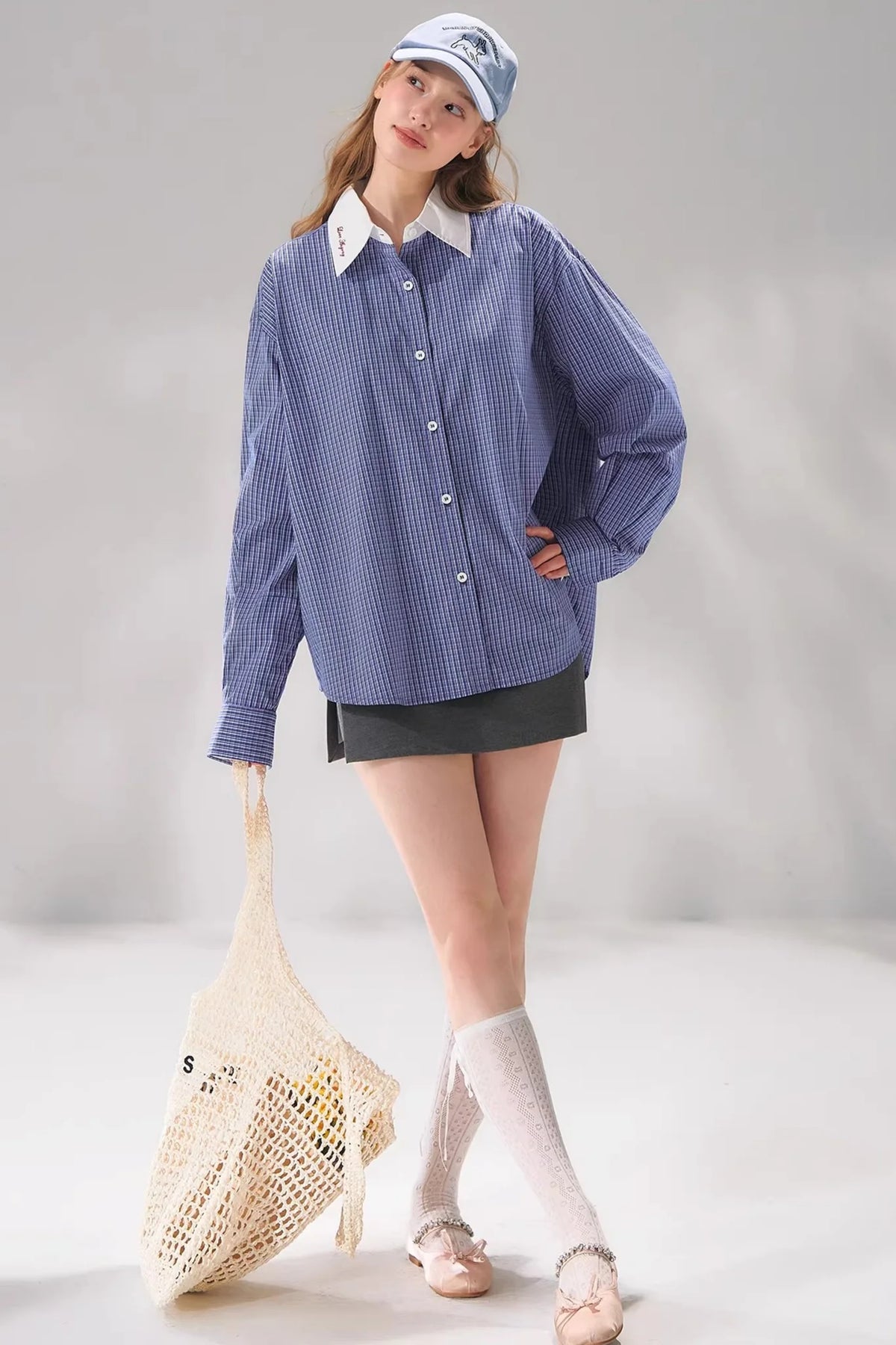 Plaid Color-Blocking Polo Top