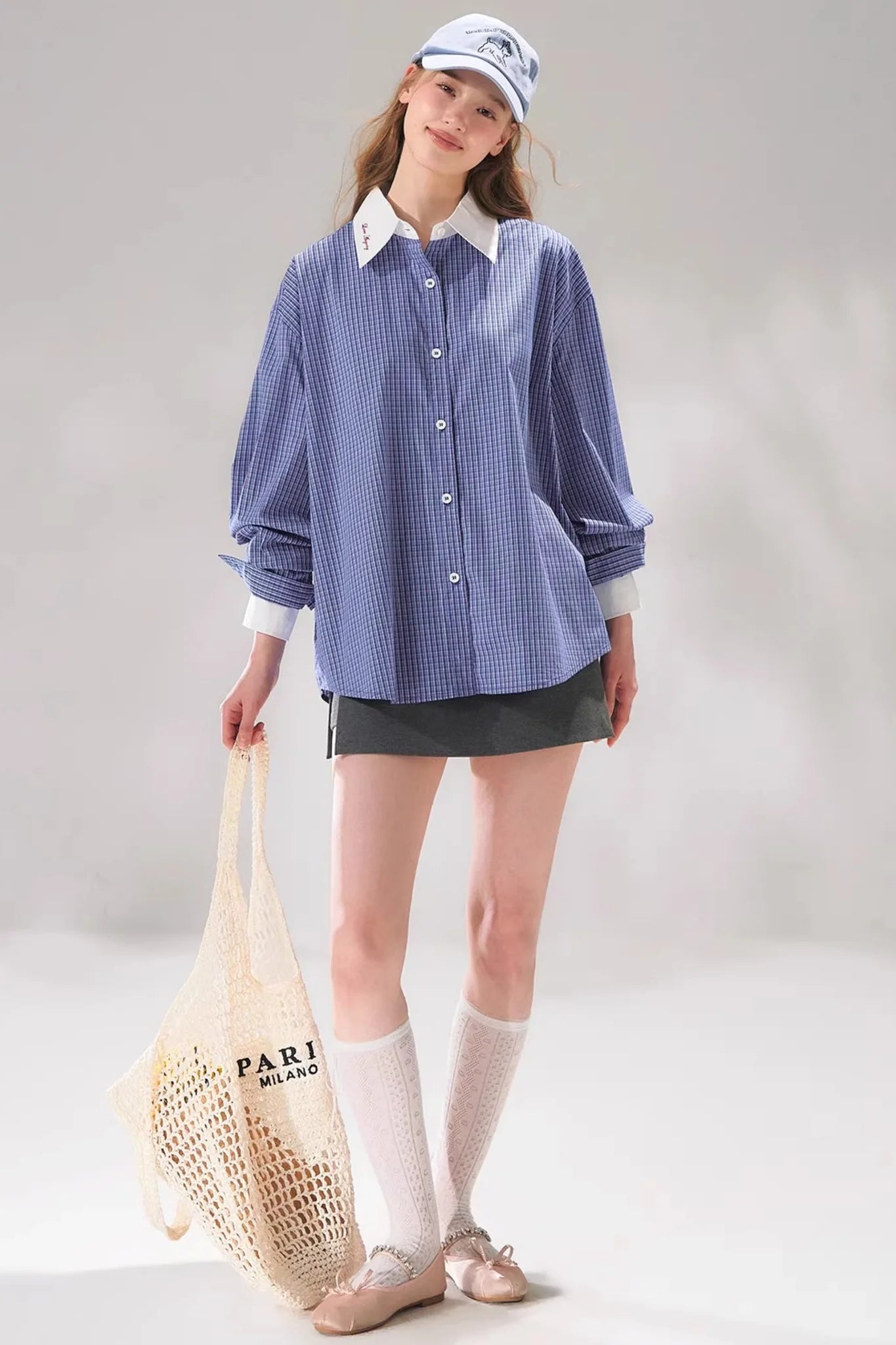 Plaid Color-Blocking Polo Top