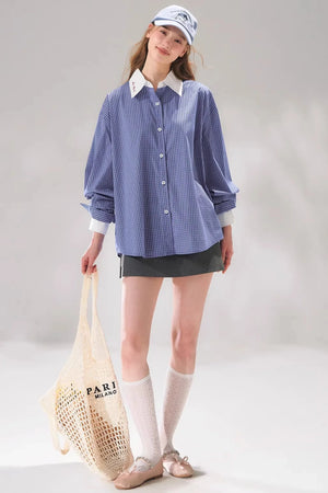 Plaid Color-Blocking Polo Top