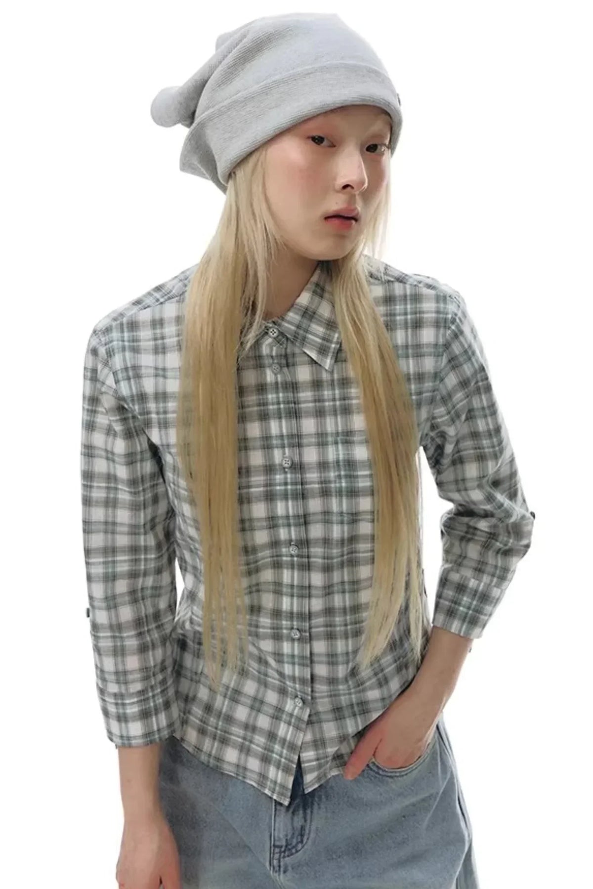 Plaid Cotton Waist-Cinching Blouse