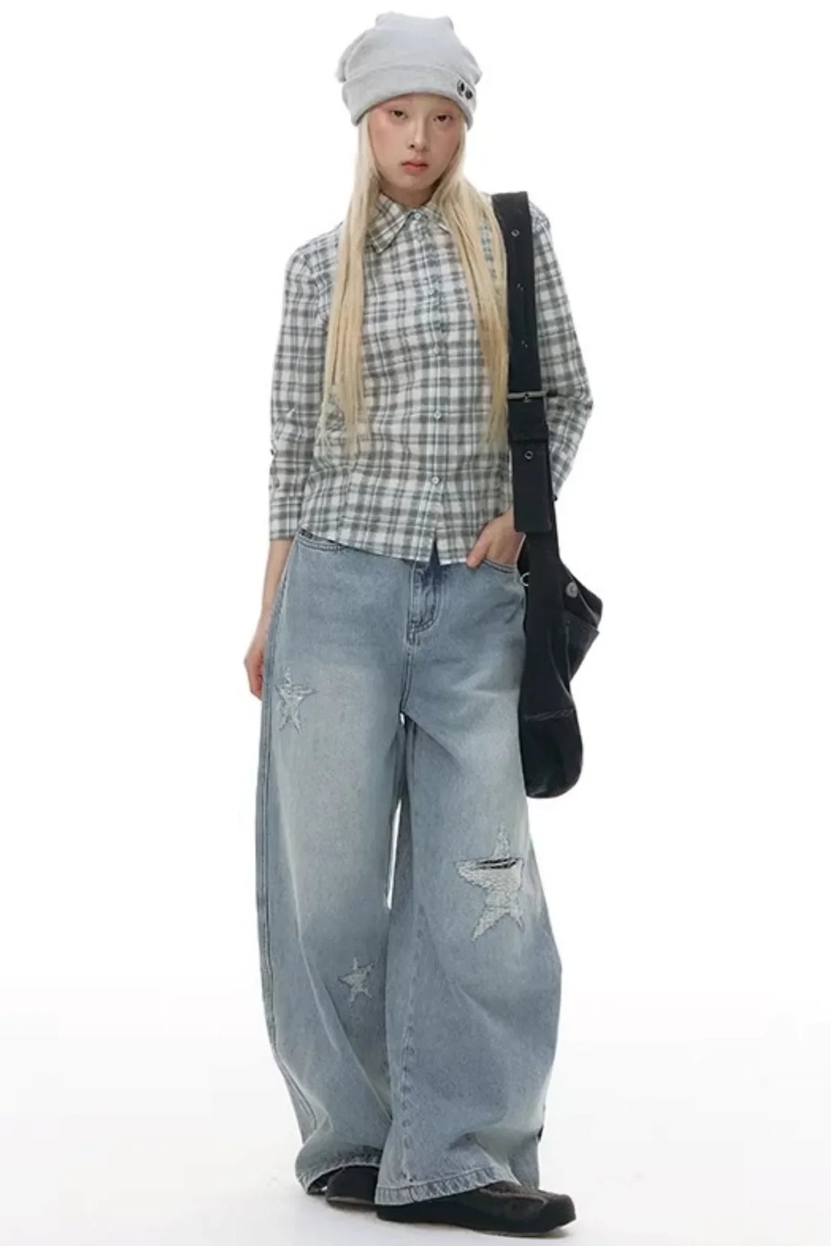 Plaid Cotton Waist-Cinching Blouse
