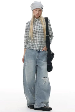 Plaid Cotton Waist-Cinching Blouse