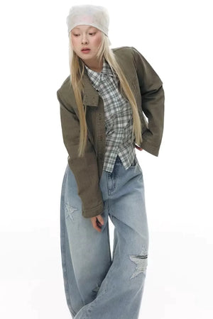 Plaid Cotton Waist-Cinching Blouse