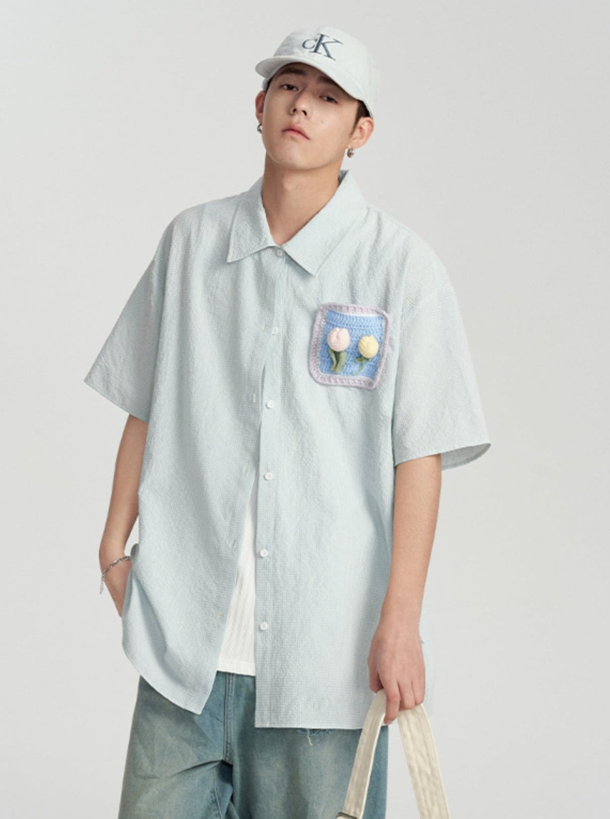 Plaid Crochet Pocket Short-Sleeved Shirt