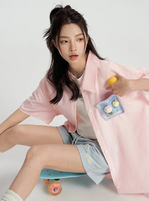 Plaid Crochet Pocket Short-Sleeved Shirt