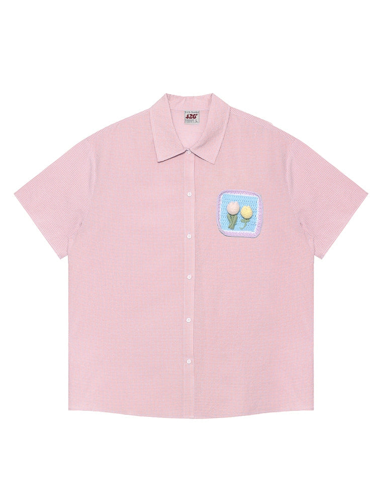 Plaid Crochet Pocket Short-Sleeved Shirt