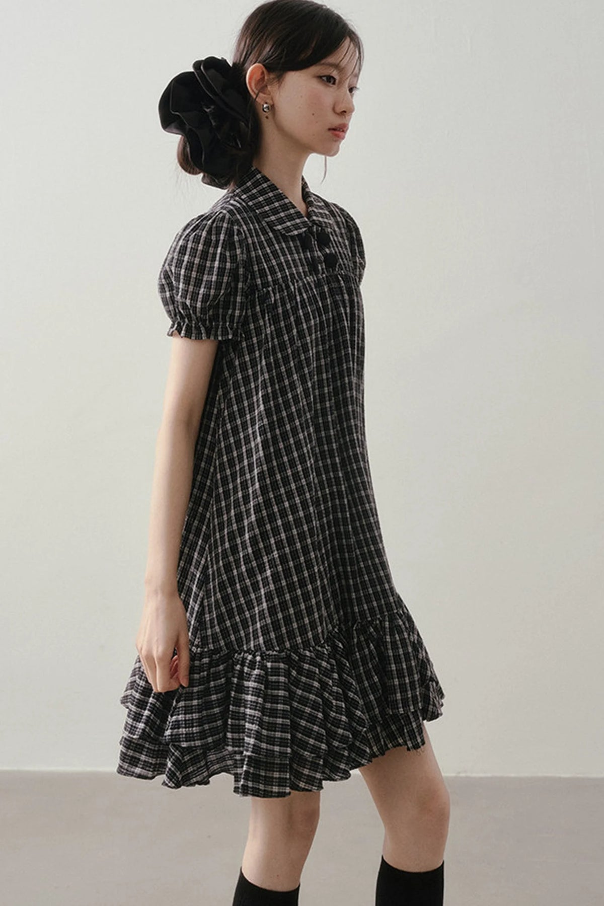 Plaid Doll Collar Puff Sleeve Ruffle Dress