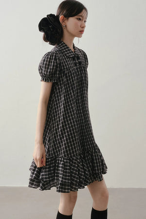 Plaid Doll Collar Puff Sleeve Ruffle Dress