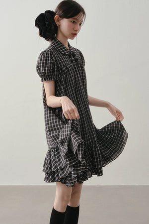 Plaid Doll Collar Puff Sleeve Ruffle Dress