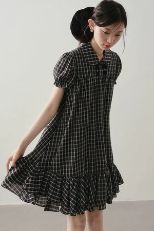 Plaid Doll Collar Puff Sleeve Ruffle Dress