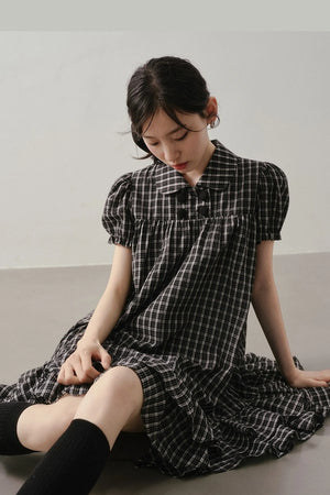 Plaid Doll Collar Puff Sleeve Ruffle Dress