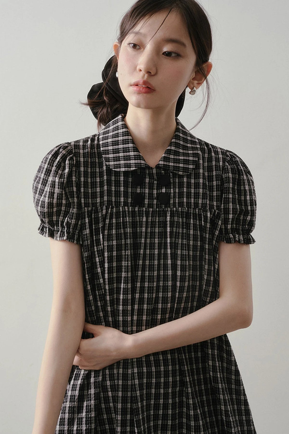 Plaid Doll Collar Puff Sleeve Ruffle Dress