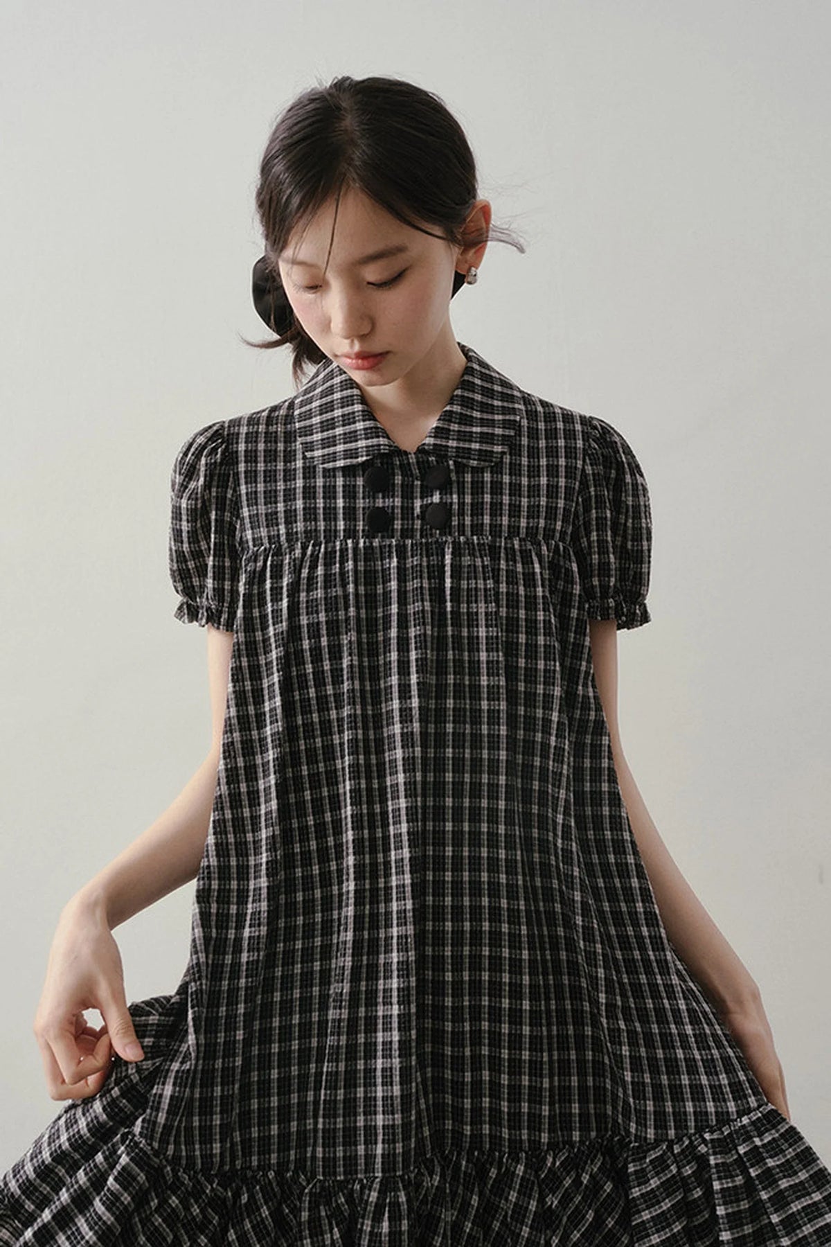 Plaid Doll Collar Puff Sleeve Ruffle Dress