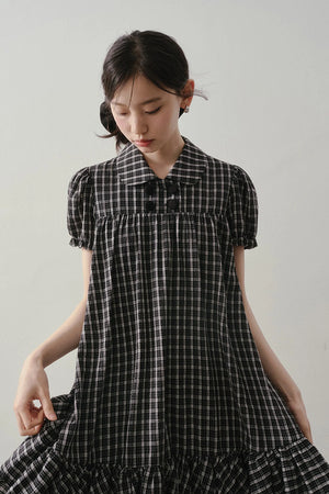 Plaid Doll Collar Puff Sleeve Ruffle Dress