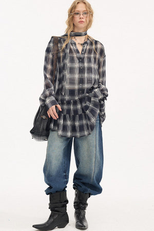Plaid Drop Shoulder Ruffle Blouse