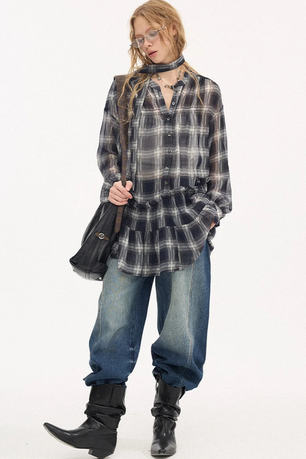 Plaid Drop Shoulder Ruffle Blouse