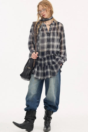 Plaid Drop Shoulder Ruffle Blouse