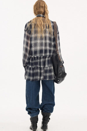 Plaid Drop Shoulder Ruffle Blouse