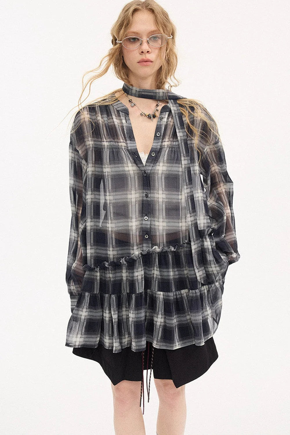 Plaid Drop Shoulder Ruffle Blouse