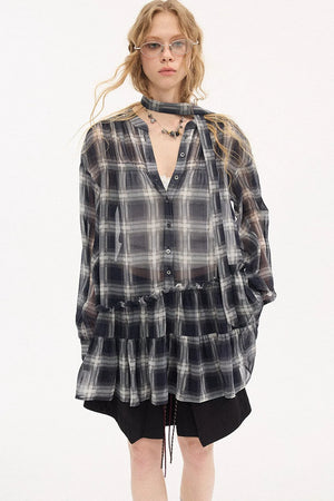 Plaid Drop Shoulder Ruffle Blouse