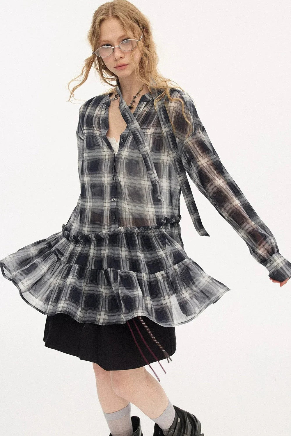 Plaid Drop Shoulder Ruffle Blouse