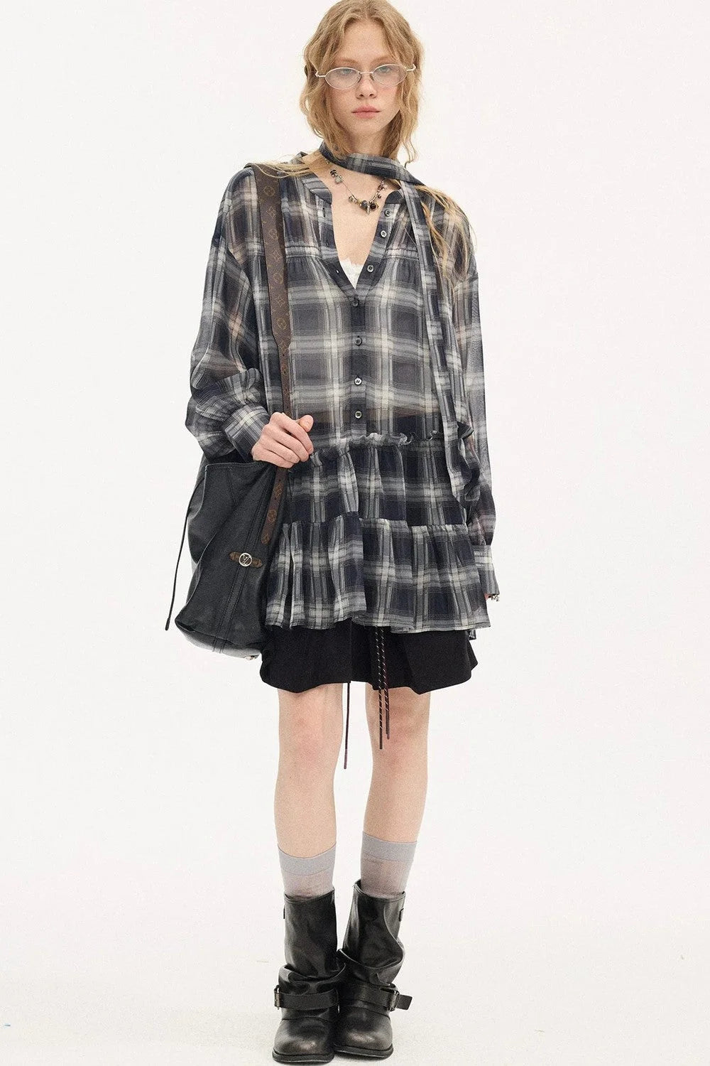 Plaid Drop Shoulder Ruffle Blouse