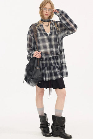 Plaid Drop Shoulder Ruffle Blouse