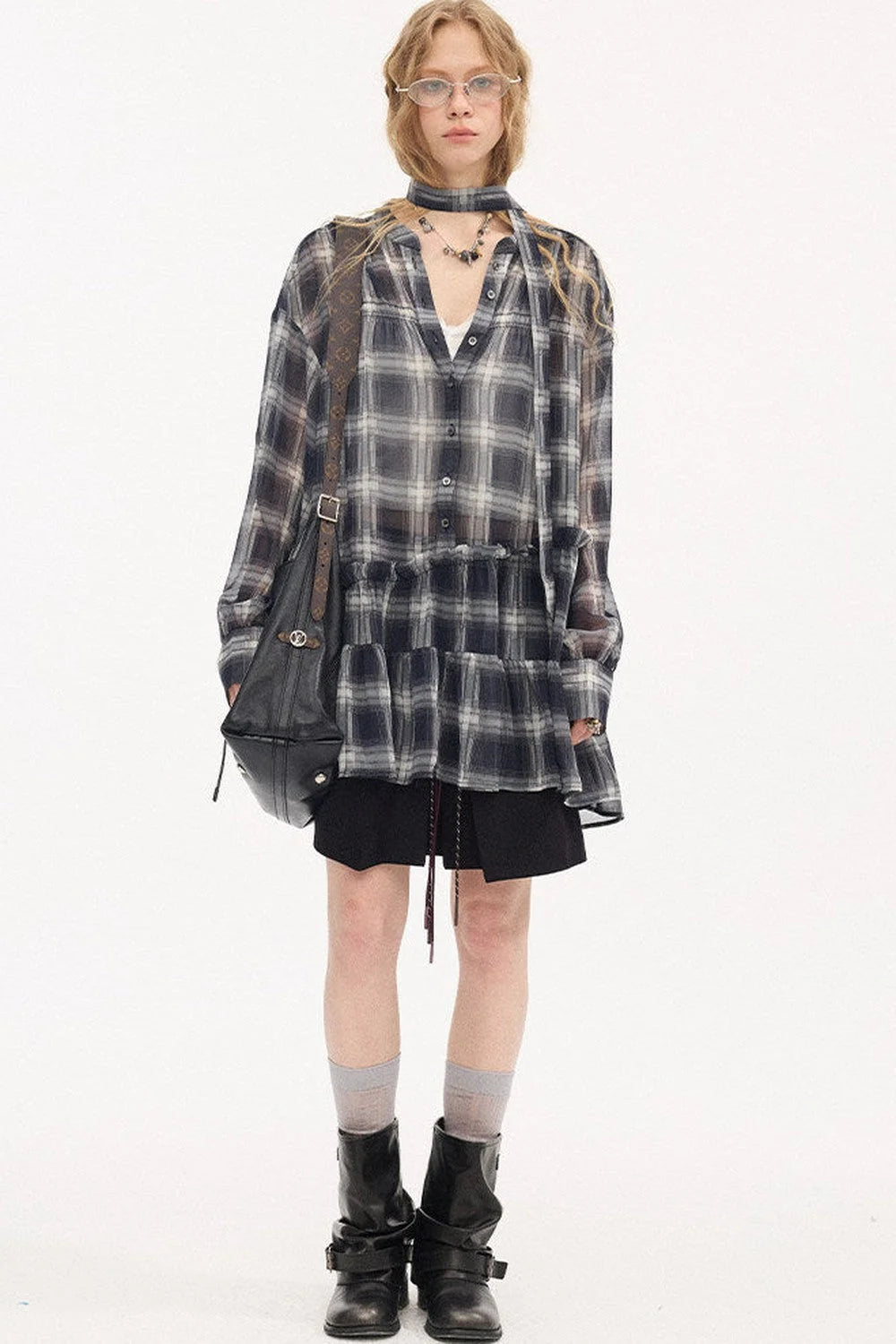 Plaid Drop Shoulder Ruffle Blouse