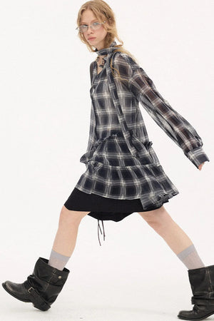 Plaid Drop Shoulder Ruffle Blouse