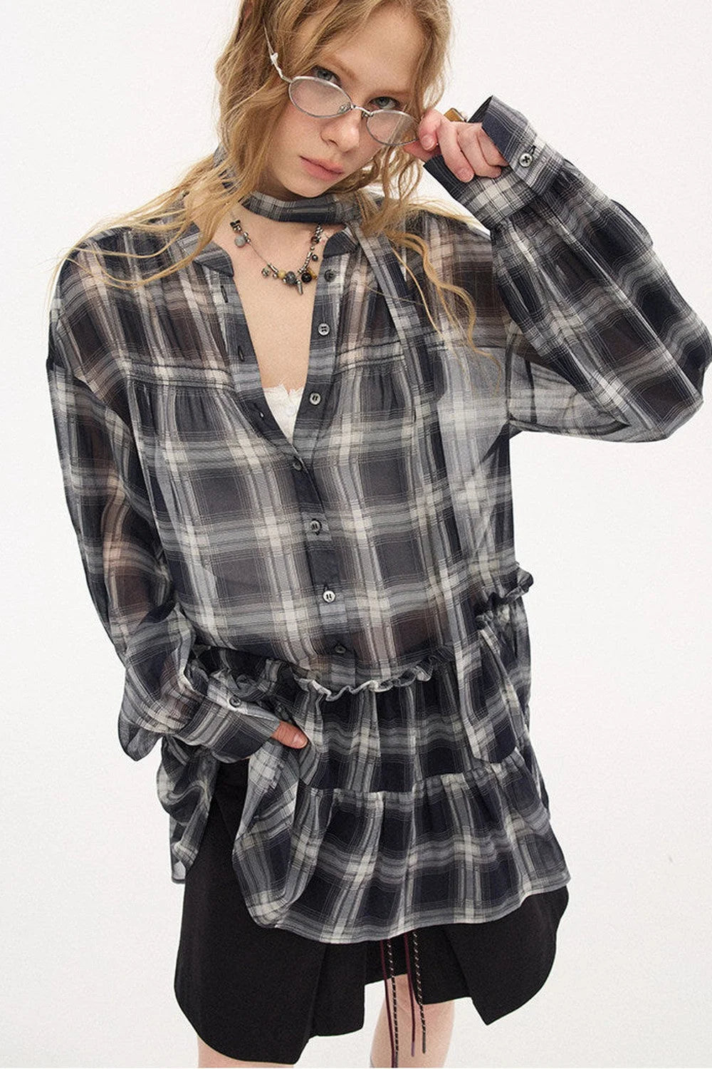 Plaid Drop Shoulder Ruffle Blouse